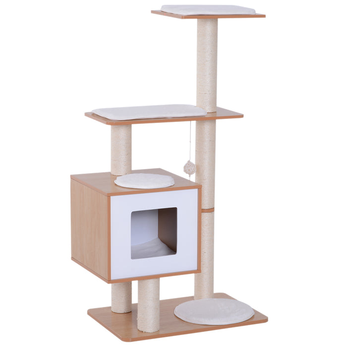 Wooden Cat Tree with Scratching Post - Indoor Kitten Activity Center, Condo House, Cushion & Hanging Toy - Multi-Level Play & Rest Area for Cats
