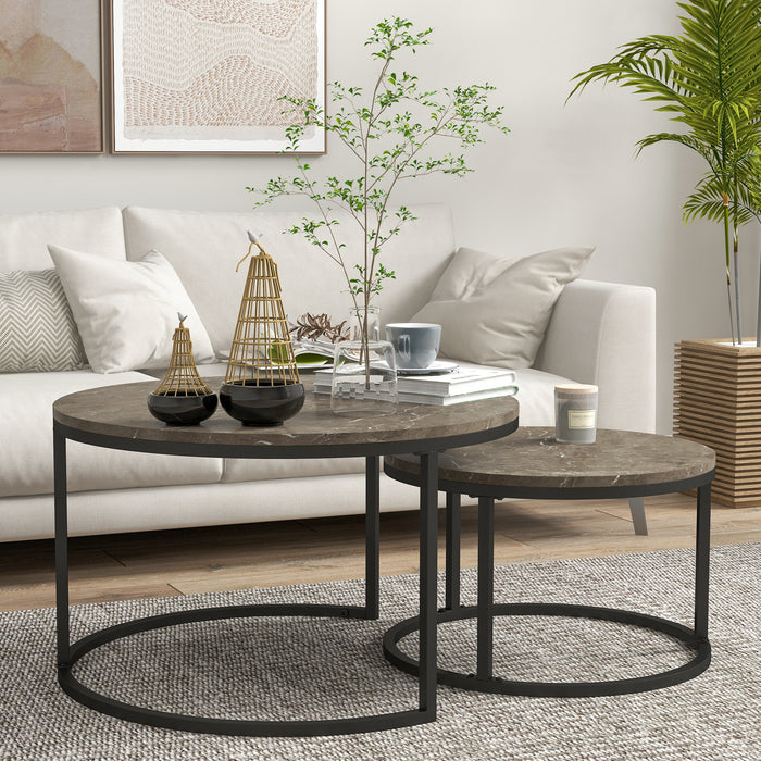 Round Industrial Nesting Coffee Tables Set - Faux Marble Top with Sturdy Steel Frame - Space-Saving Furniture for Living Rooms