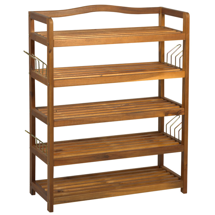 Acacia 5-Tier Shoe Rack - Wooden Shoe Storage Organizer with Side Hangers for 24 Pairs - Ideal for Entryway and Living Room, Teak Finish, 64x26x82cm