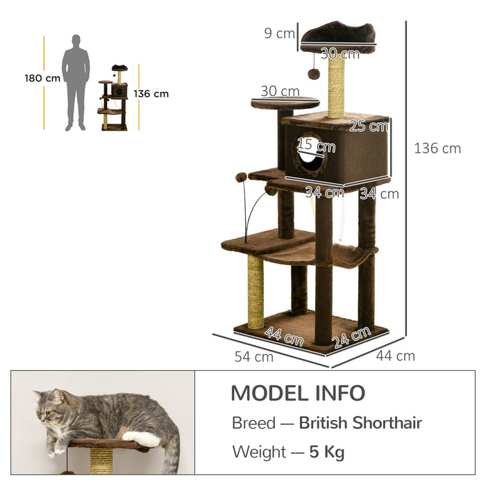 Modern 136cm Cat Tree Tower - Indoor Scratching Posts, Multi-Level House & Platforms with Toy Ball - Ideal for Playful Cats and Kittens