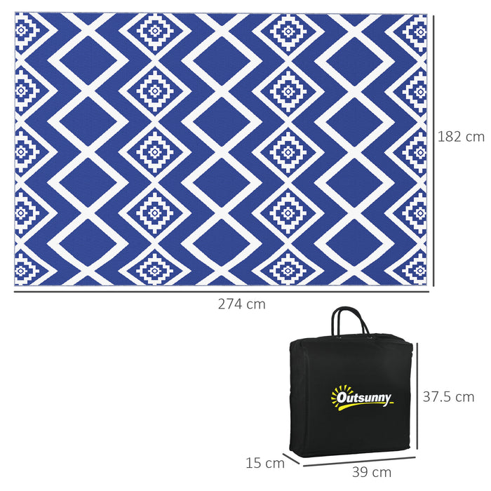 Reversible Plastic Straw RV Mat - Weatherproof Outdoor Carpet with Carry Bag in Blue and White, 182 x 274cm - Ideal for Campers and Patio Use