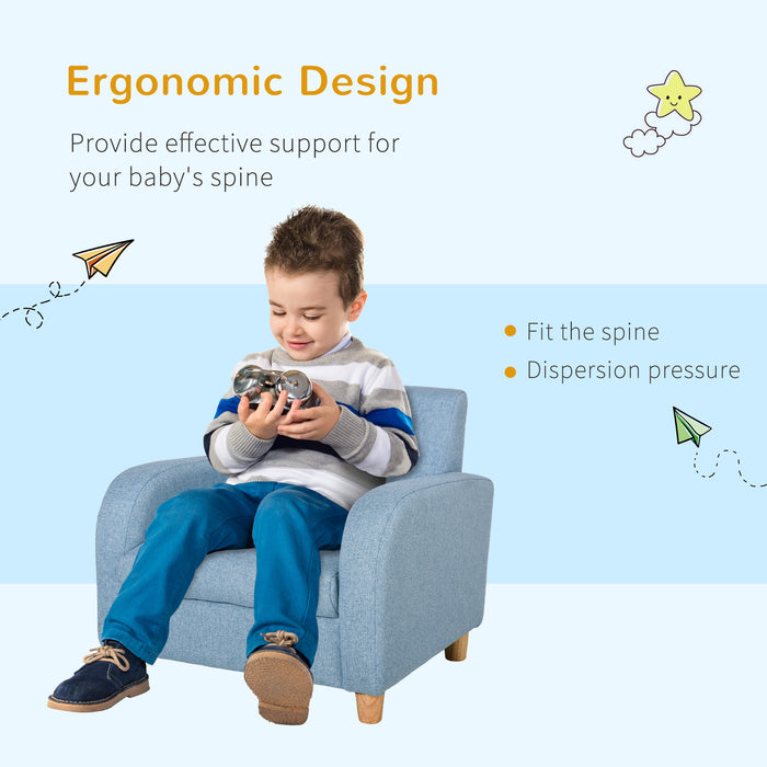 Kids Sofa Armchair with High Back - Mini Blue Couch with Anti-Slip Wooden Legs for Children - Perfect for Bedroom & Playroom, Ages 3-6