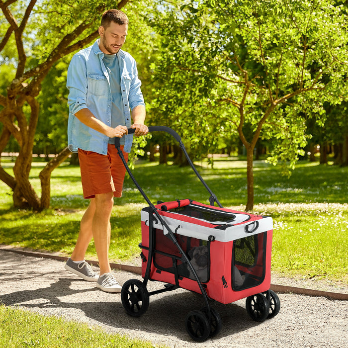 Foldable Pet Stroller with Detachable Carrier - Soft-Padded Travel Crate for Mini & Small Dogs - Ideal for Comfortable and Secure Outings in Red