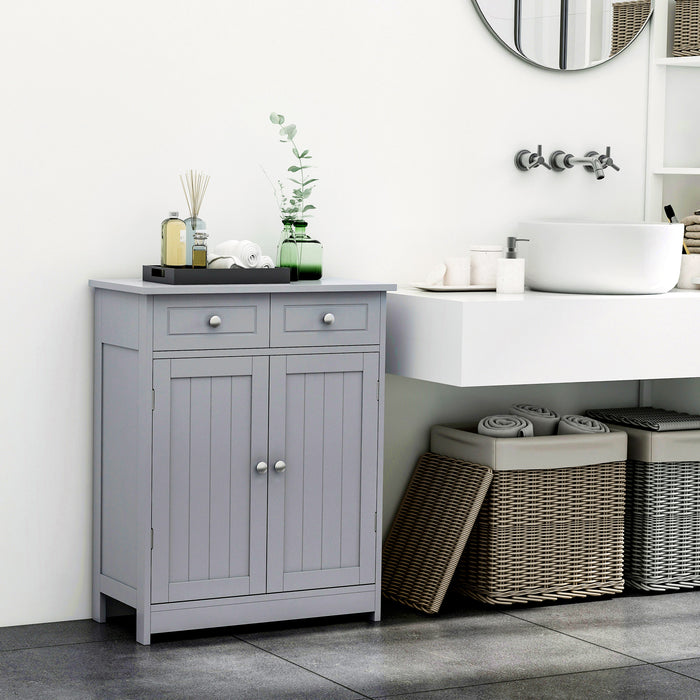 Free-Standing Bathroom Storage Cabinet with Adjustable Shelf - 2 Drawer Traditional Style Unit with Cupboard & Handles, 75x60cm, Grey - Ideal for Organizing Toiletries and Linens