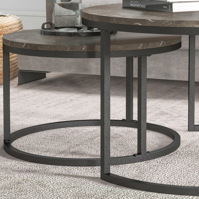 Round Industrial Nesting Coffee Tables Set - Faux Marble Top with Sturdy Steel Frame - Space-Saving Furniture for Living Rooms