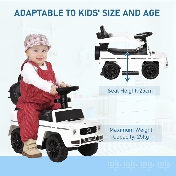 Mercedes-Benz G350 - Kids' Ride-On Push Car with Horn & Steering Wheel - Foot-Powered Slider Stroller for Toddlers, No Batteries Required, in White