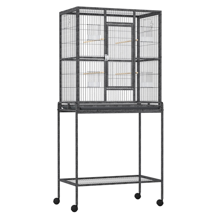 Metal Bird Cage for Canaries and Parakeets - Includes Detachable Rolling Stand, Storage Shelf, Wooden Perch, and Food Container - Ideal Home for Pet Birds