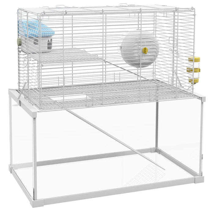 Deep-Bottom Glass Gerbil & Dwarf Hamster Cage - Includes Ramps, Platforms, Hut, Exercise Wheel, Water Bottle - Ideal Pet Habitat for Small Rodents