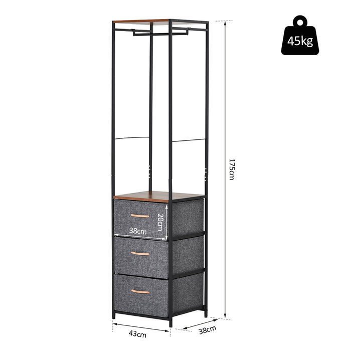 3-Drawer Chest with Coat Rack - Steel Frame & Black Brown Finish for Bedroom or Hallway - Space-Saving Organizational Furniture