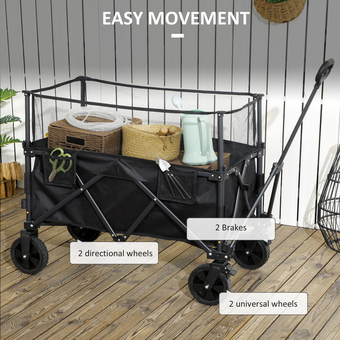 180L Folding Garden Trolley with Extendable Side Walls - Versatile Wagon Cart for Beach, Camping & Festival Use - Sturdy Black Utility Cart for Outdoor Adventures