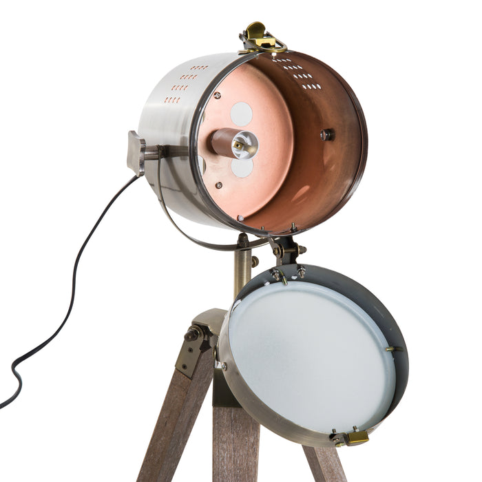 Vintage Brass Tripod Table Lamp - Bedside Antique Spotlight with Wooden Base - Classic Desk Lighting for Home Decor