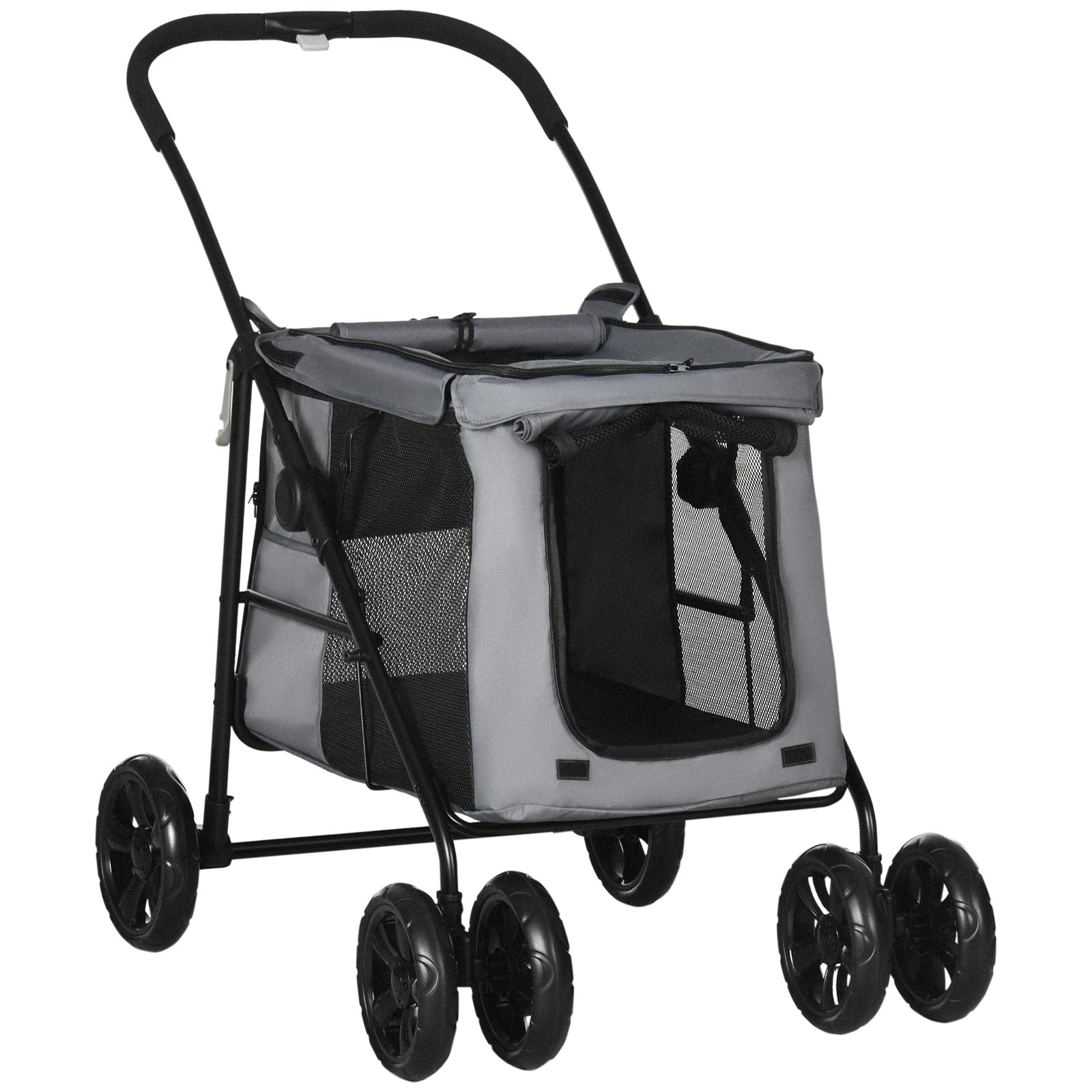 One Click Pet Stroller - Dog and Cat Pushchair with EVA Wheels and Mesh Windows - Convenient Travel Carriage for Small Pets, Grey