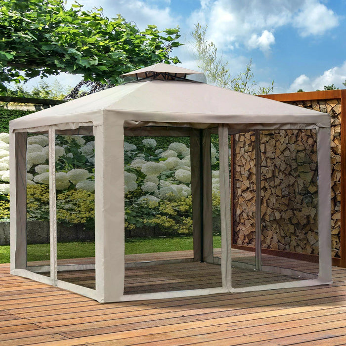 Outdoor Garden Gazebo with Mosquito Netting - 2-Tier Vented Roof Canopy, Spacious 295x295cm, Taupe - Ideal for Patio Shelter and Entertaining