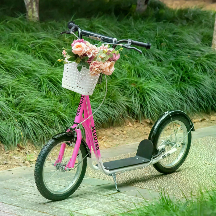 Kids Kick Scooter - Adjustable Handlebar, Dual Brakes, Basket, Cupholder, Mudguard, 16" Inflatable Rubber Tires in Pink - Fun and Safe Ride for Children and Teens