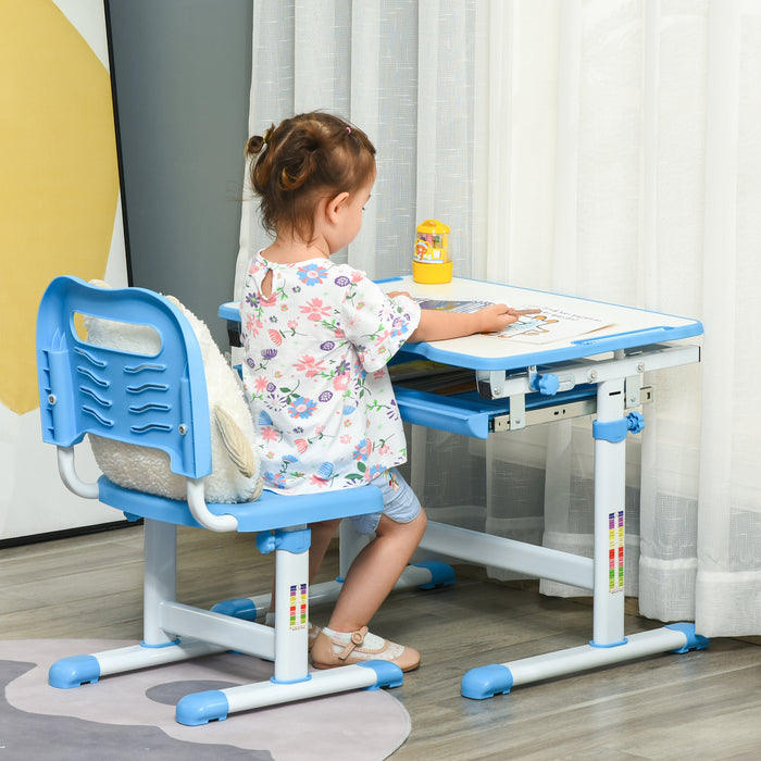 Adjustable Kids Desk and Chair Combo - Ergonomic Student Writing and Study Workstation with Tilt Desktop, Storage Drawer, Pen Holder, Hook - Perfect for Home Schooling and Homework Sessions