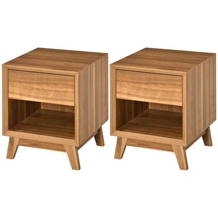 Walnut Brown Nightstand Set of 2 - Modern Bedside Table with Drawer and Shelf, Living Room End Table - Stylish Storage Solution for Bedroom and Lounge Spaces