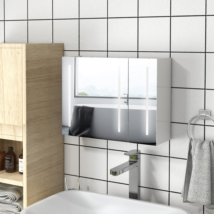 Bathroom Wall Cabinet with Integrated Lighting - USB Charging Storage Cupboard with Adjustable Shelf, 90x70x15cm - Ideal for Organizing Toiletries & Charging Devices