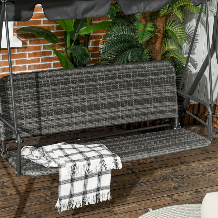 3-Person PE Rattan Swing Chair - Patio Wicker Hanging Bench with Sturdy Steel Frame and Adjustable Grey Canopy - Outdoor Comfort for Family and Friends