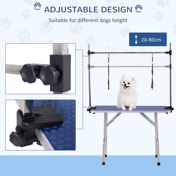 Adjustable Dog Grooming Table with Rubberized Surface - Includes 2 Safety Slings and Mesh Storage Basket, Heavy-Duty Metal Construction in Blue - Ideal for Pet Stylists and Home Grooming, 107 x 60 x 170 cm
