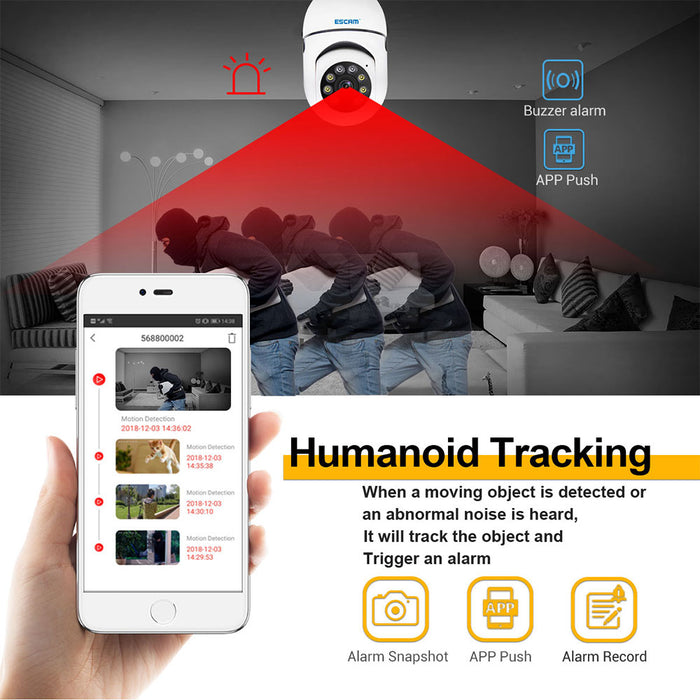 ESCAM PT208 E27 - 1080P WIFI Humanoid Tracking Camera with ONVIF, Two-Way Audio, Dual Light Night Vision - Ideal for Home Security and Surveillance