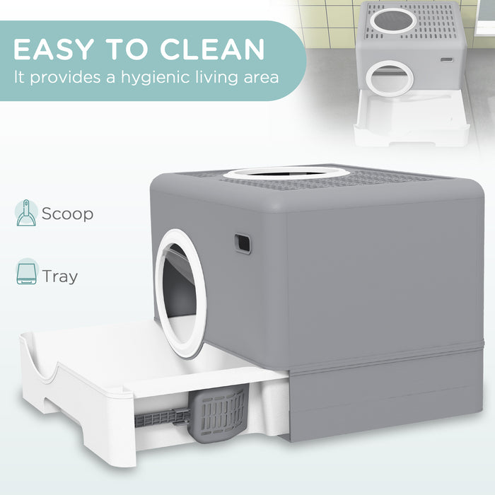 Enclosed Cat Litter Box with Lid - Front Entry, Top Exit, Drawer Tray & Scoop, 52x41x38.5cm - Ideal for Reducing Litter Scatter & Odor Control