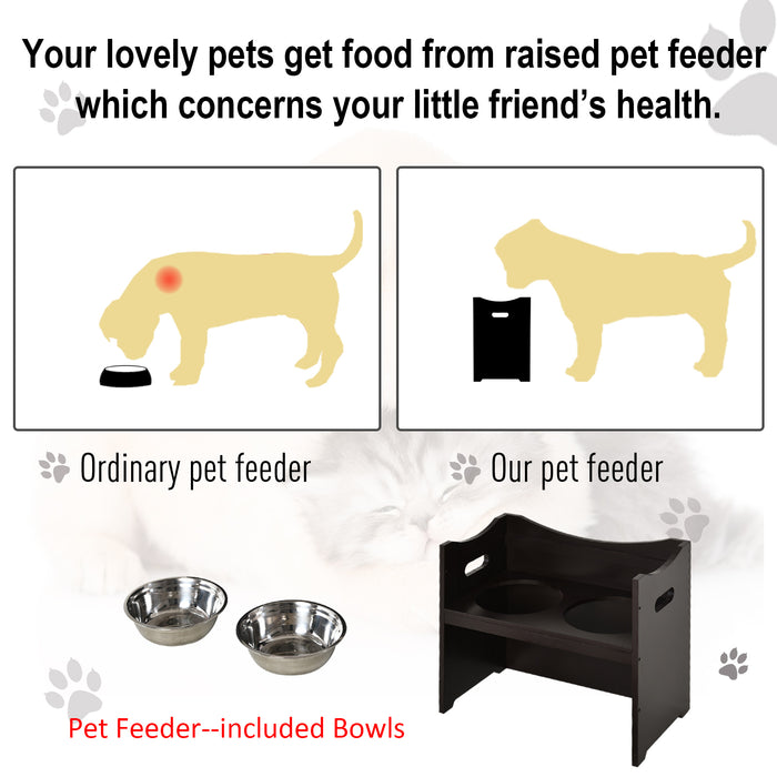 Elevated Duo Pet Feeder with Adjustable Shelf and Handles - Raised Feeding Station with 2 Stainless Steel Bowls, MDF Frame, 47x54cm - Ideal for Dogs and Cats, Enhances Digestion and Posture, Brown