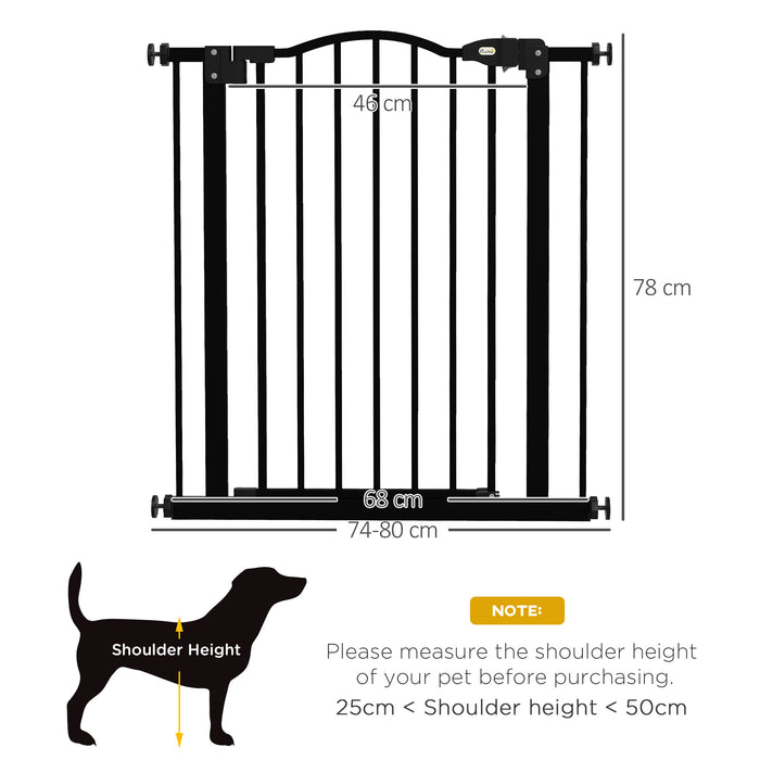 Adjustable Metal Pet Gate 74-80cm - Auto-Close Safety Barrier with Door in Black - Ideal for Dogs & Home Protection