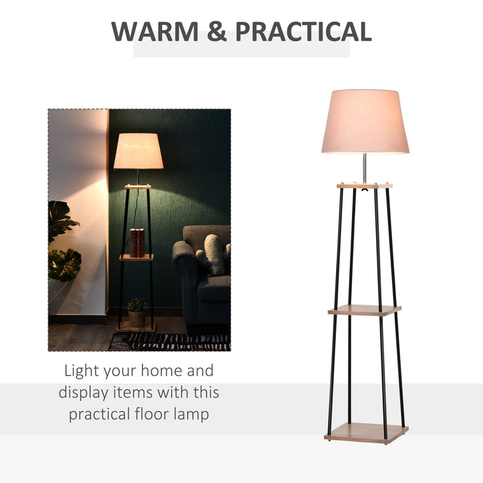 Modern Metal Tripod Floor Lamp with Shelving - E27 Lampshade, 3-Tier Storage, Foot Switch Control - Stylish Lighting & Display Solution for Contemporary Homes