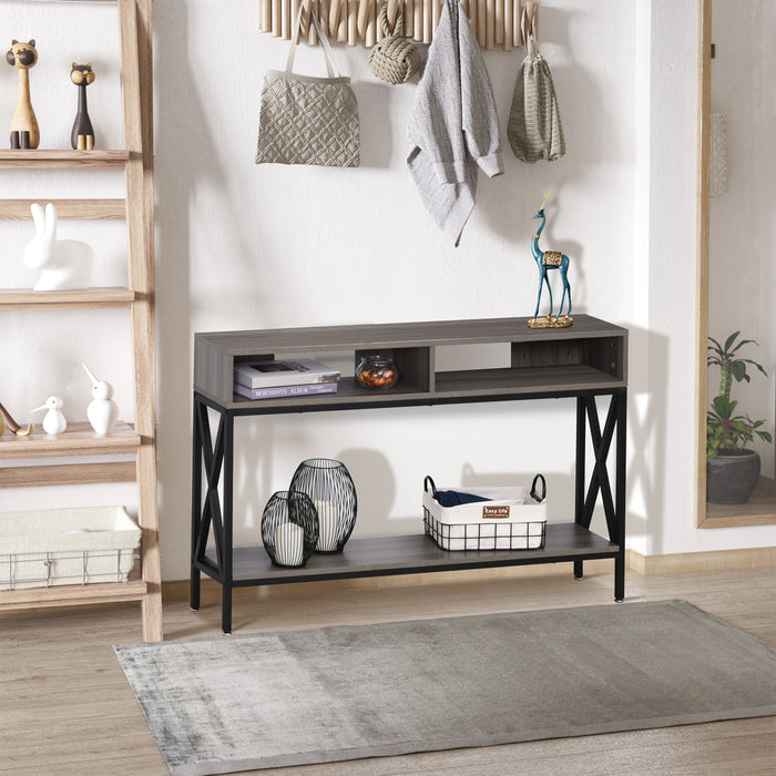 3-Compartment Console Table - Metal Frame with Adjustable Feet for Home and Office - Stylish Storage and Display Solution for Living Room
