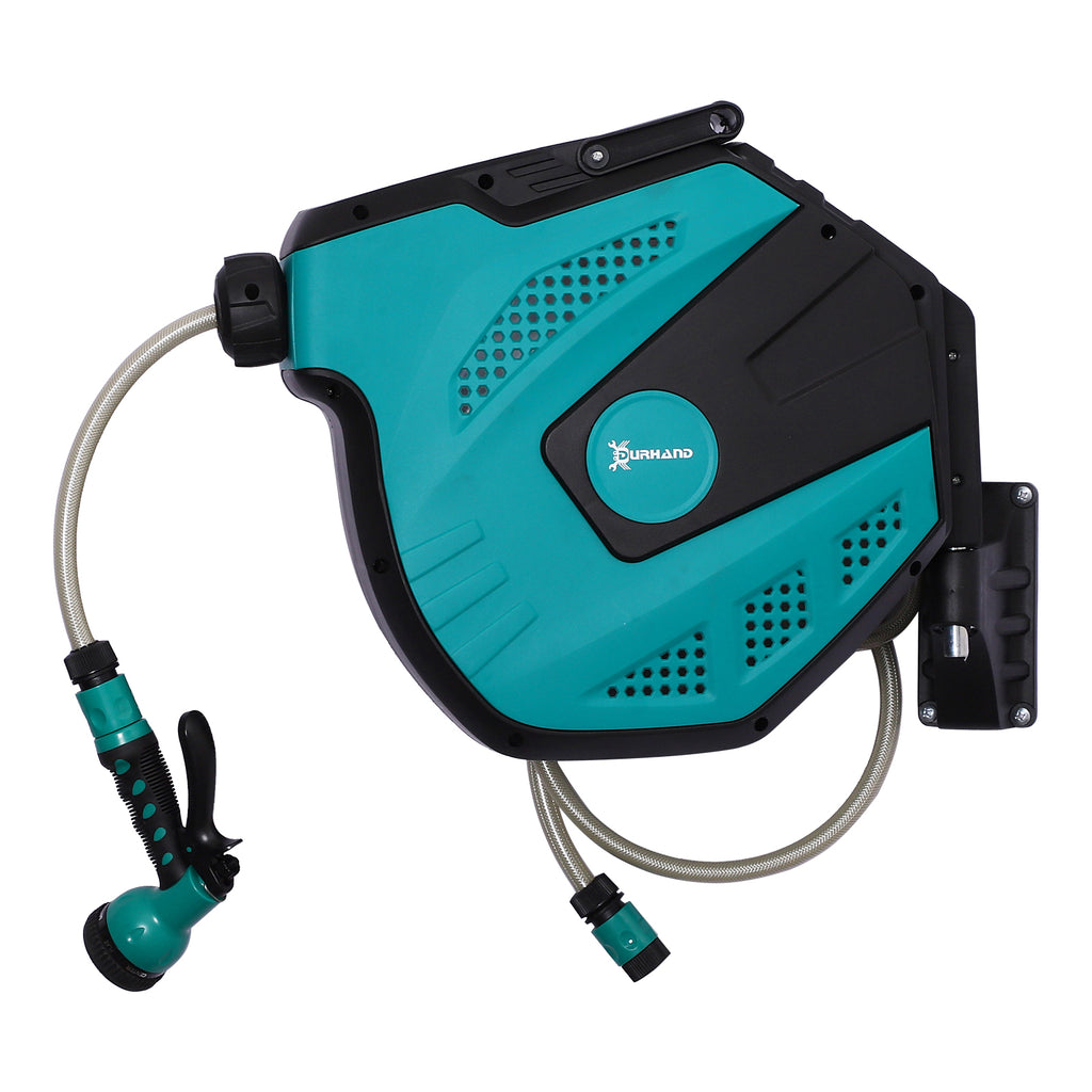 Auto Hose Reel 15m - Wall Mounted, Retractable Garden Watering System with 7 Spray Patterns - Ideal for Lawn Care & Gardening Convenience