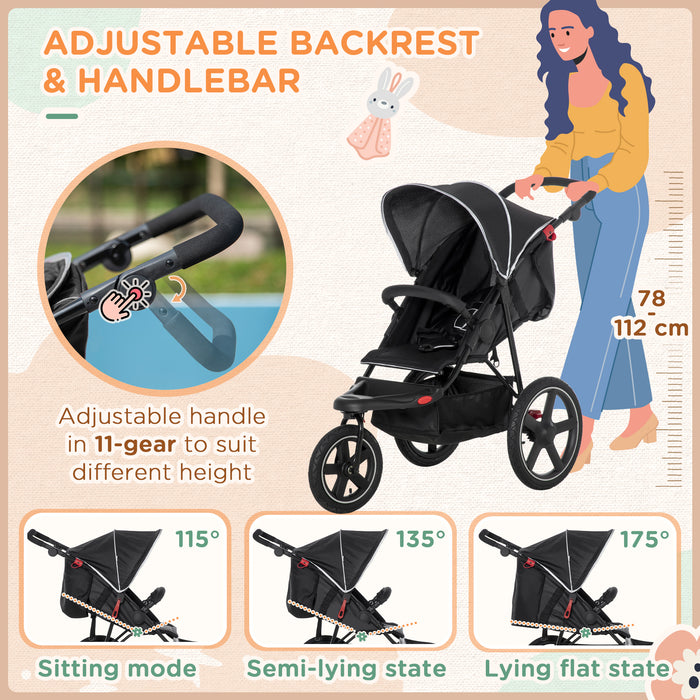 Lightweight Foldable Running Baby Stroller - Three-Wheeler with Adjustable Reclining Seat and Sun Canopy - Easy Maneuverability for Active Parents