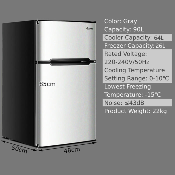 90L Freestanding Refrigerator - Undercounter Functionality with 2 Reversible Doors, Grey - Ideal for Compact Spaces