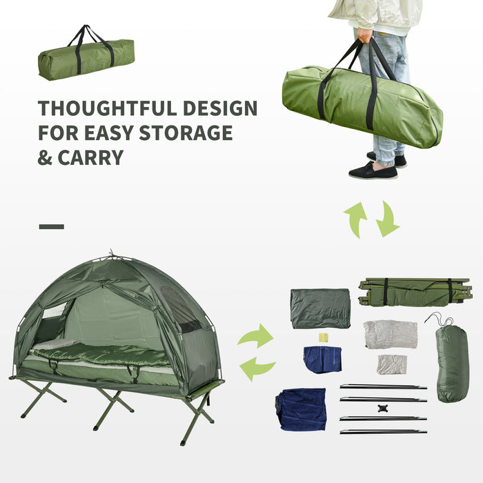 Foldable Camping Tent with Sleeping Bag and Air Mattress - Portable Outdoor Hiking Picnic Bed Cot and Foot Pump - Ideal for Solo Adventurers and Nature Enthusiasts