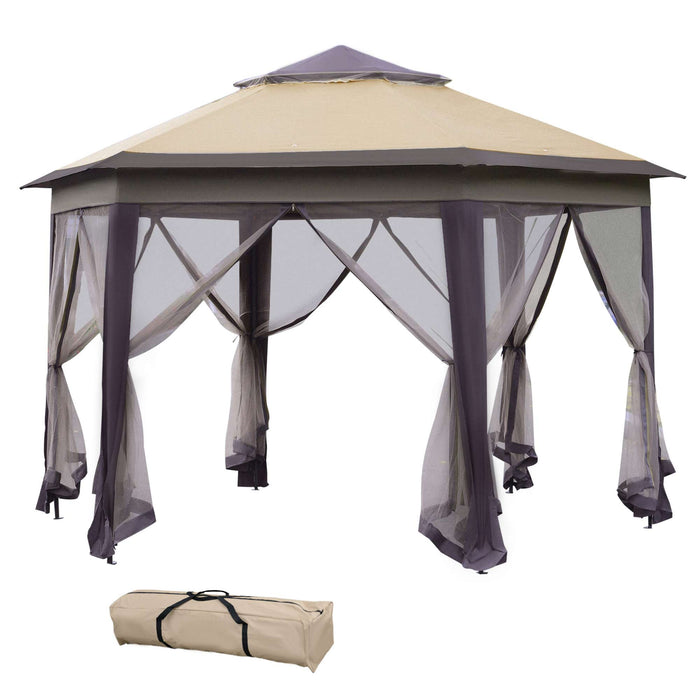 Hexagon Patio Gazebo with Double Roof - Pop-Up Outdoor Instant Shelter with Netting, 4m x 4m, Beige - Ideal for Garden Gatherings and Protective Shade