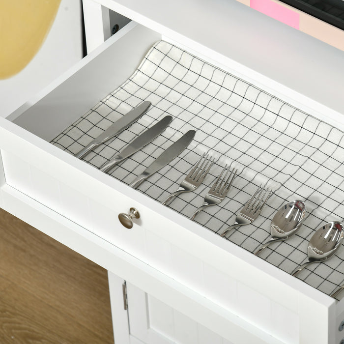 Buffet and Hutch Storage Unit - Elegant White Wooden Cupboard with Glass Door and Drawer for Kitchen Organization - Ideal for Dining and Living Room Essentials Display, 68.6W x 40D x 164Hcm