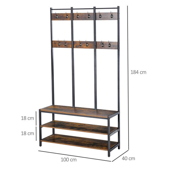 Free Standing Hall Tree with Shoe Bench - Coat Rack with Hooks in Rustic Brown & Black, 100x40x184cm - Ideal for Entryway Organization and Storage