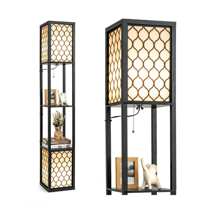 Double Floor Lamp - 2 Tier Storage Shelves and Foot Switch Features - Ideal for Illuminating Reading Nooks and Displaying Trinkets
