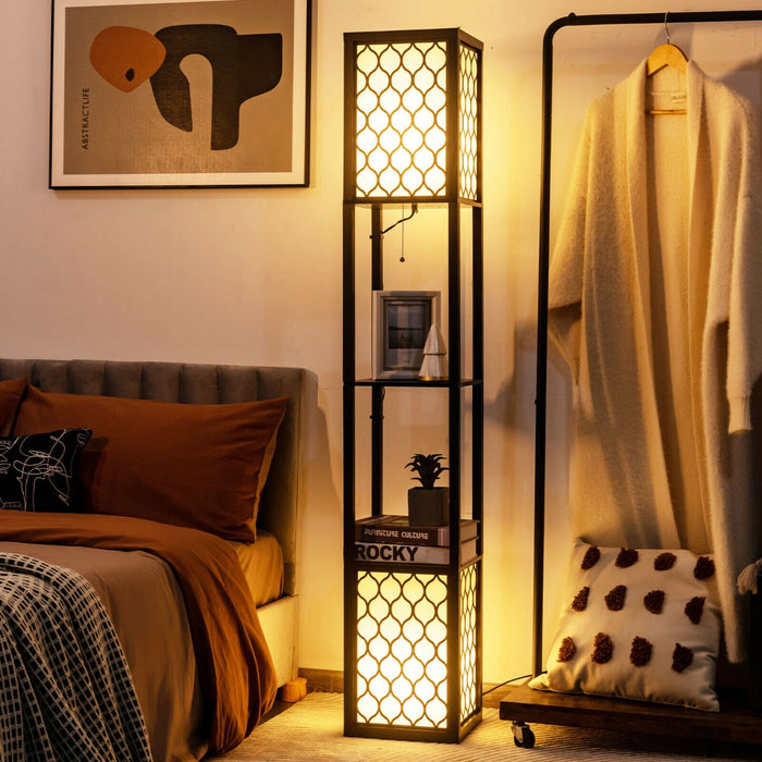 Double Floor Lamp - 2 Tier Storage Shelves and Foot Switch Features - Ideal for Illuminating Reading Nooks and Displaying Trinkets