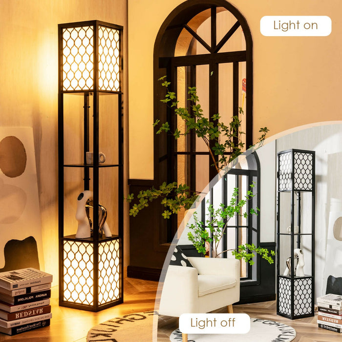 Double Floor Lamp - 2 Tier Storage Shelves and Foot Switch Features - Ideal for Illuminating Reading Nooks and Displaying Trinkets