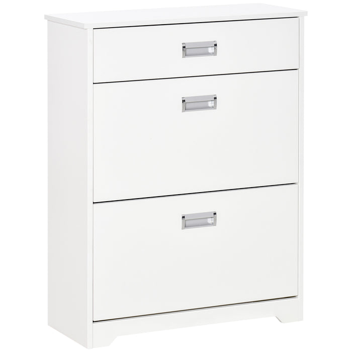 Slim White Tipping Shoe Cabinet - Entryway Storage Rack with Pull-Down Doors & Drawer, Adjustable Shelf - Space-Saving Organizer for Hallways and Small Areas