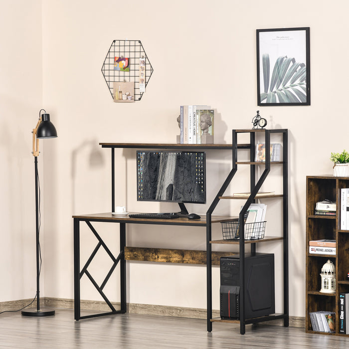 Industrial-Style Computer Desk - Home Office Study Table with 6-Tier Shelves and Rustic Brown Finish - Space-Saving Workstation for Small Areas