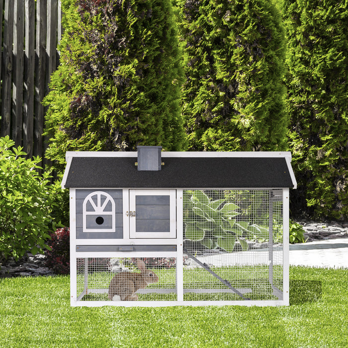 Wooden Rabbit Hutch and Guinea Pig Cage - Outdoor/Indoor Shelter with Pull Out Tray, Run Box, and Ramp - Ideal for Small Animals with Weatherproof Asphalt Roof in Grey