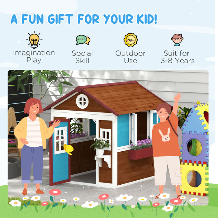 Wooden Playhouse for Kids - Interactive Features with Doors, Windows, & Plant Pots - Ideal for Children Aged 3-8 Years, Dark Brown