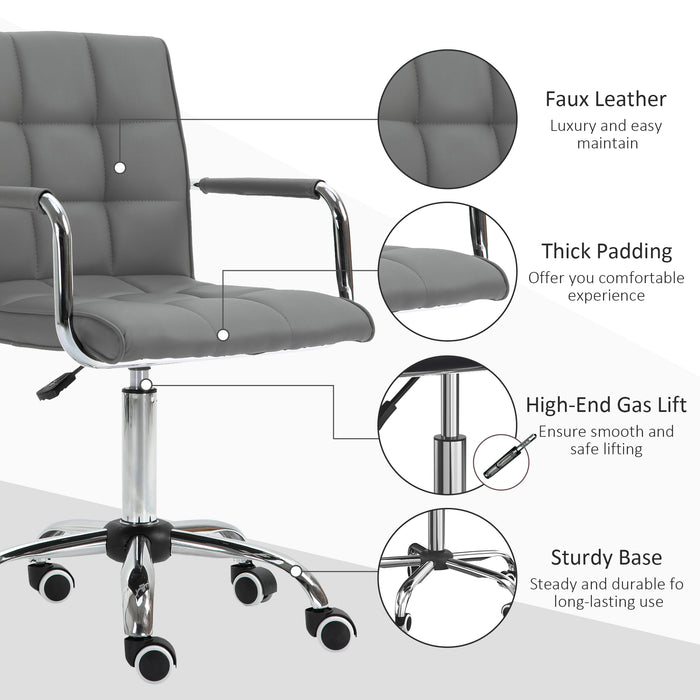 Ergonomic Mid-Back Swivel Chair in Grey PU Leather - Adjustable Height, Padded Armrests and Rolling Wheels - Ideal for Home Office and Computer Desks