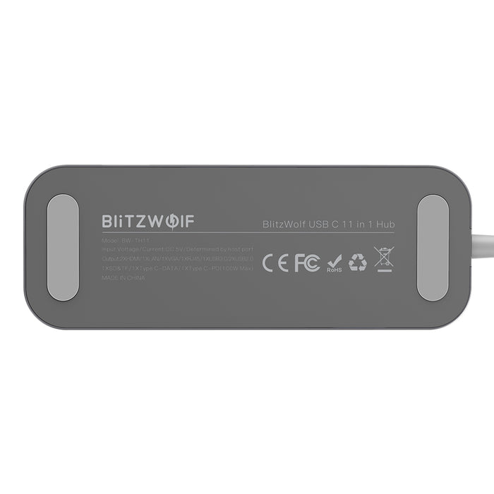 BlitzWolf BW-TH11 - 11-in-1 USB-C Data Hub, Dual 4K HDMI, 1080P VGA, USB3.0, USB2.0, 1000Mbps RJ45 LAN, SD/TF Card Slots - Up to 100W Type-C PD Charging for Professionals