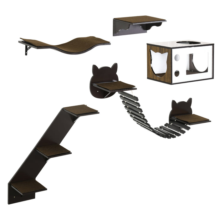 Cat Wall Shelves 5-Piece Set - Curved Platform, Condo, Bridge, Stairs & Perch - Space-Saving Wall-Mounted Cat Tree for Indoor Cats, Brown