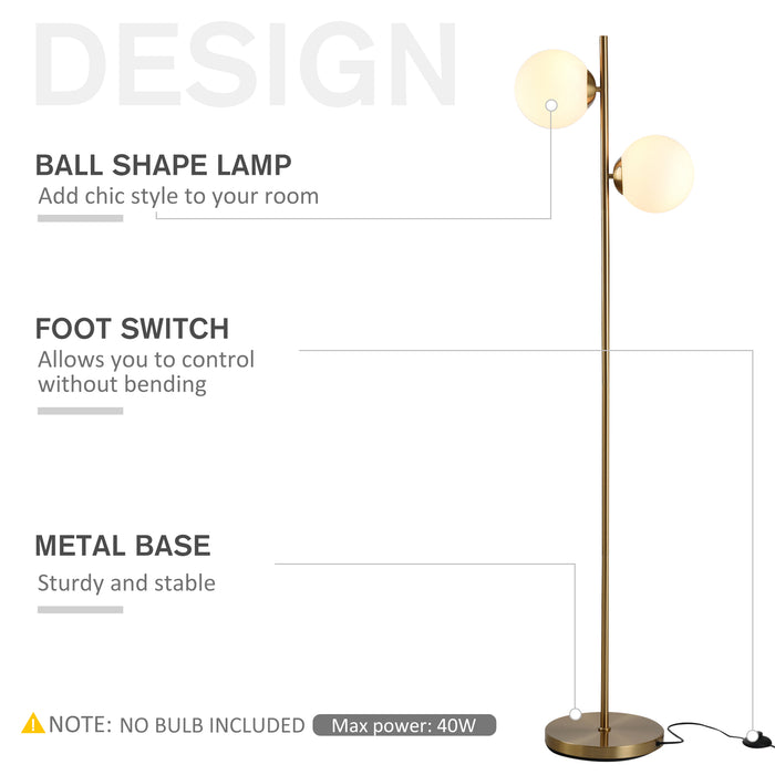 Gold Floor Lamp with Dual Glass Shades - Contemporary Metal Standing Light with Convenient Floor Switch - Stylish Illumination for Home or Office Decor