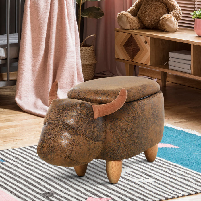 Buffalo-Shaped Animal Footstool with Storage - Padded Lid, Wooden Frame, Durable Ottoman for Children's Room - Cute Décor and Toy Organization for Kids