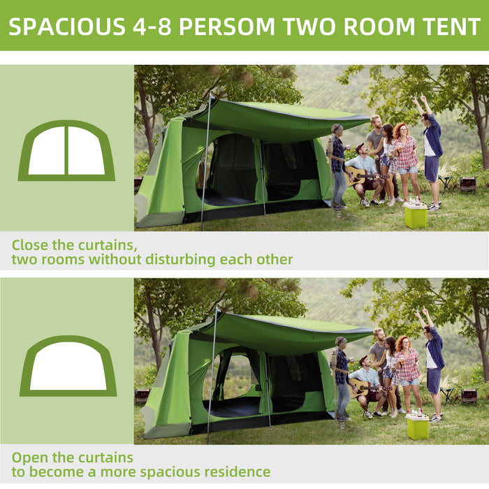 8-Person Double Room Dome Tent with Porch - Mesh Windows, Zipped Doors, and Lamp Hook for Camping - Ideal Shelter for Families and Group Backpacking Adventures