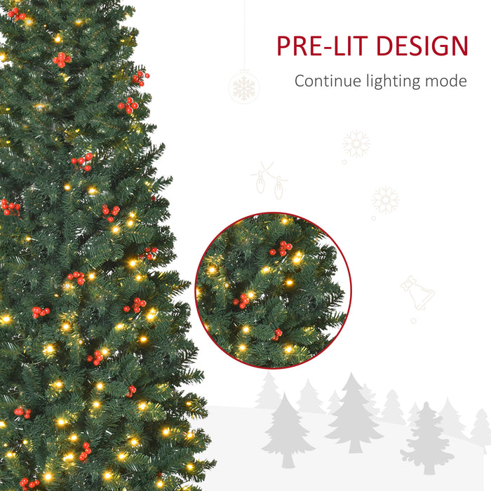 6ft Pre-Lit Slim Green Christmas Tree with LED Lights - Artificial Pencil Design with Red Berries - Festive Holiday Decor for Home Spaces